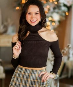 Le Lis Brown Cold Shoulder Knit Sweater Women's Clothing