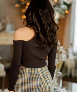 Le Lis Brown Cold Shoulder Knit Sweater Women's Clothing