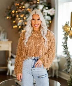 HYFVE Women's Clothing Brown Fringe Knit Cropped Sweater