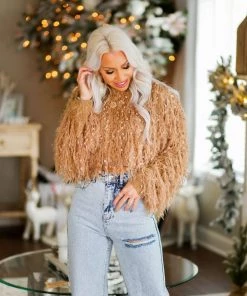HYFVE Women's Clothing Brown Fringe Knit Cropped Sweater