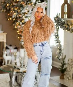 HYFVE Women's Clothing Brown Fringe Knit Cropped Sweater