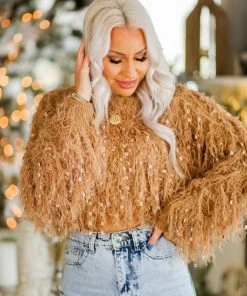 HYFVE Women's Clothing Brown Fringe Knit Cropped Sweater