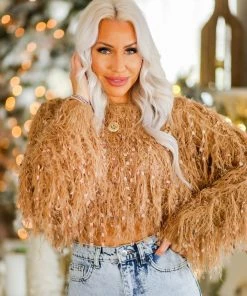 HYFVE Women's Clothing Brown Fringe Knit Cropped Sweater