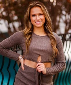 Le Lis Brown Knit Front Tie Cutout Mini Dress