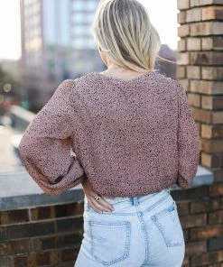 Mustard Seed Brown Polka Dot V-Neck Top Women's Clothing