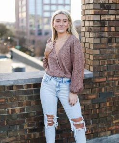 Mustard Seed Brown Polka Dot V-Neck Top Women's Clothing