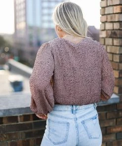 Mustard Seed Brown Polka Dot V-Neck Top Women's Clothing
