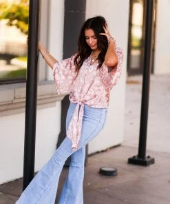Adrienne Brown And Pink Leopard Front Tie Top Women's Clothing