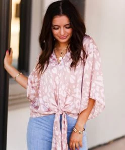 Adrienne Brown And Pink Leopard Front Tie Top Women's Clothing