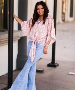 Adrienne Brown And Pink Leopard Front Tie Top Women's Clothing