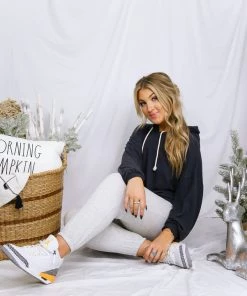 HYFVE Brushed Balloon Sleeve Cropped Hoodie - Charcoal