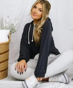 HYFVE Brushed Balloon Sleeve Cropped Hoodie - Charcoal