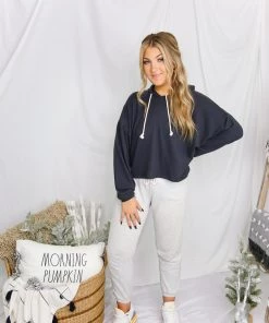 HYFVE Brushed Balloon Sleeve Cropped Hoodie - Charcoal