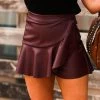 Do + Be Women's Clothing Burgundy Faux Leather Asymmetrical Ruffle Mini Skort 2 Do + Be Women's Clothing Burgundy Faux Leather Asymmetrical Ruffle Mini Skort