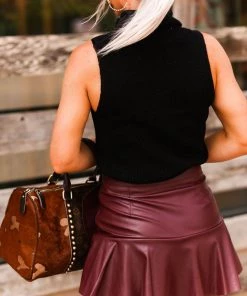 Do + Be Women's Clothing Burgundy Faux Leather Asymmetrical Ruffle Mini Skort