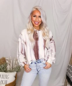 Entro Women's Clothing Button Up Ivory Mocha Tie Dye Top