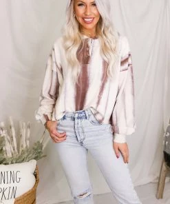 Entro Women's Clothing Button Up Ivory Mocha Tie Dye Top