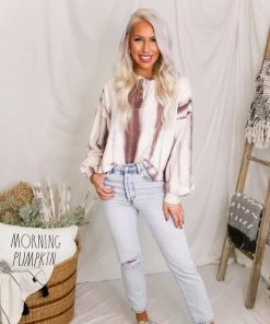 Entro Women's Clothing Button Up Ivory Mocha Tie Dye Top