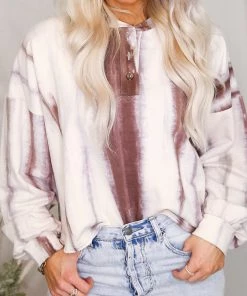 Entro Women's Clothing Button Up Ivory Mocha Tie Dye Top