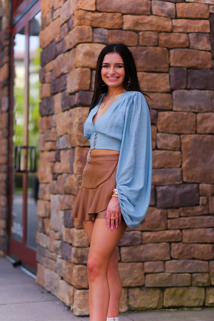 Do + Be Camel Faux Leather Asymmetrical Ruffle Mini Skort Women's Clothing 5 Do + Be Camel Faux Leather Asymmetrical Ruffle Mini Skort Women's Clothing