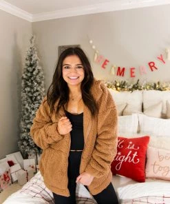 Zeanna Camel Teddy Half Zip Pullover Women's Clothing