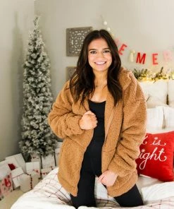 Zeanna Camel Teddy Half Zip Pullover Women's Clothing