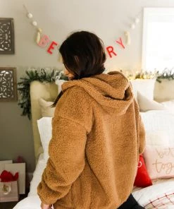 Zeanna Camel Teddy Half Zip Pullover Women's Clothing