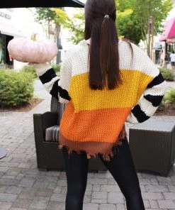 Hyped Unicorn Women's Clothing Candy Corn Babe Color Block Distressed Sweater