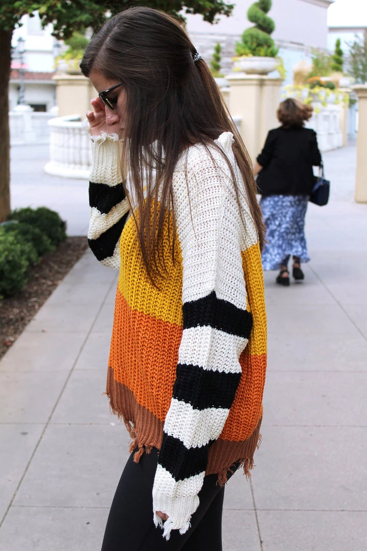 Hyped Unicorn Women's Clothing Candy Corn Babe Color Block Distressed Sweater