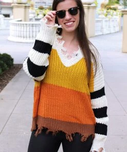 Hyped Unicorn Women's Clothing Candy Corn Babe Color Block Distressed Sweater