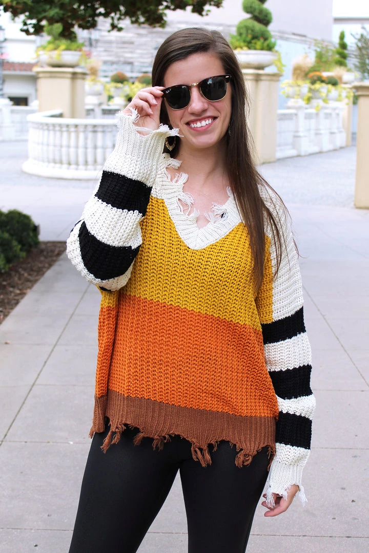 Hyped Unicorn Women's Clothing Candy Corn Babe Color Block Distressed Sweater