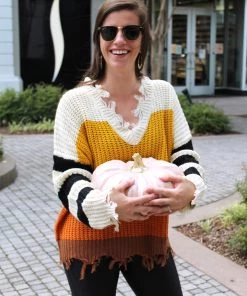 Hyped Unicorn Women's Clothing Candy Corn Babe Color Block Distressed Sweater