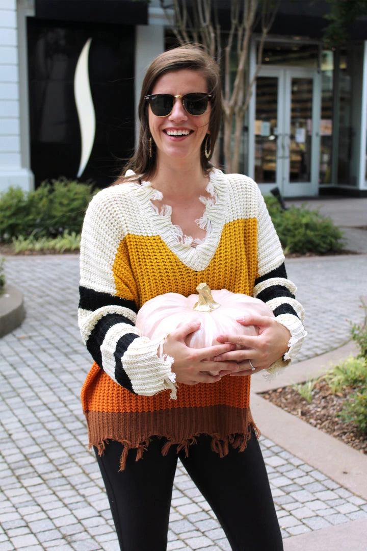 Hyped Unicorn Women's Clothing Candy Corn Babe Color Block Distressed Sweater