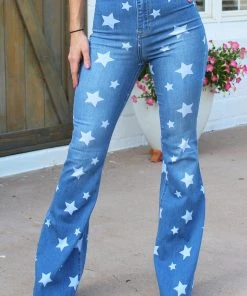 Cello Star Print Super Flare Jeans - Medium Wash Women's Clothing