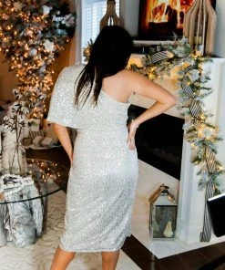 Do + Be Champagne Sequin One Shoulder Midi Dress