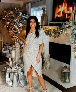 Do + Be Champagne Sequin One Shoulder Midi Dress