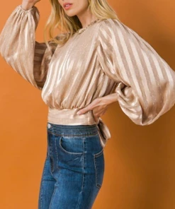 Flying Tomato Champagne Shimmer Striped Blouse Women's Clothing