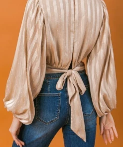 Flying Tomato Champagne Shimmer Striped Blouse Women's Clothing