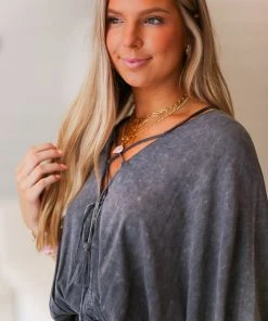 Mustard Seed Charcoal Acid Wash Lace Up Romper Women's Clothing