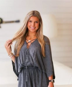 Mustard Seed Charcoal Acid Wash Lace Up Romper Women's Clothing