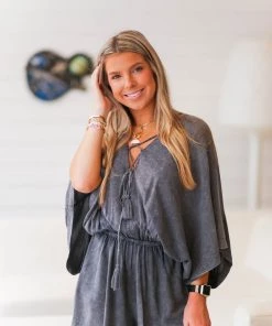 Mustard Seed Charcoal Acid Wash Lace Up Romper Women's Clothing