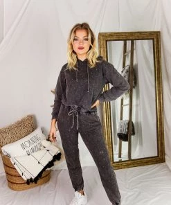 Le Lis Women's Clothing Charcoal Acid Wash Rhinestone Two Piece Jogger Set