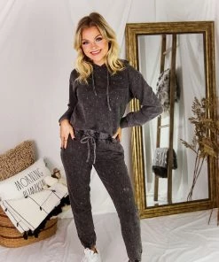 Le Lis Women's Clothing Charcoal Acid Wash Rhinestone Two Piece Jogger Set