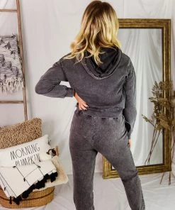 Le Lis Women's Clothing Charcoal Acid Wash Rhinestone Two Piece Jogger Set