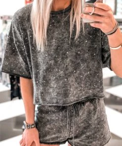 Le Lis Charcoal Acid Wash Rhinestone Two Piece Set *RESTOCK* Women's Clothing