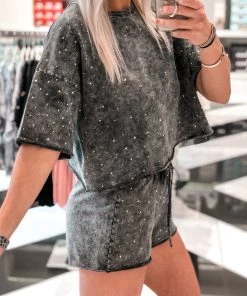 Le Lis Charcoal Acid Wash Rhinestone Two Piece Set *RESTOCK* Women's Clothing