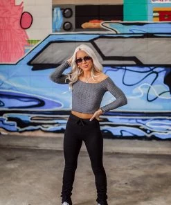 Listicle Women's Clothing Charcoal Long Sleeve Embossed Crop Top