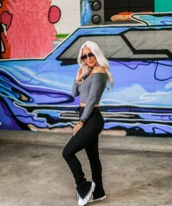 Listicle Women's Clothing Charcoal Long Sleeve Embossed Crop Top