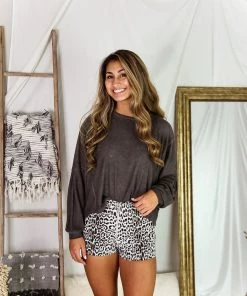 Mustard Seed Charcoal Long Sleeve High Low Waffle Top