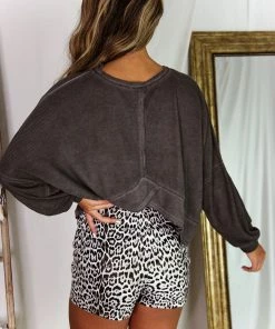 Mustard Seed Charcoal Long Sleeve High Low Waffle Top